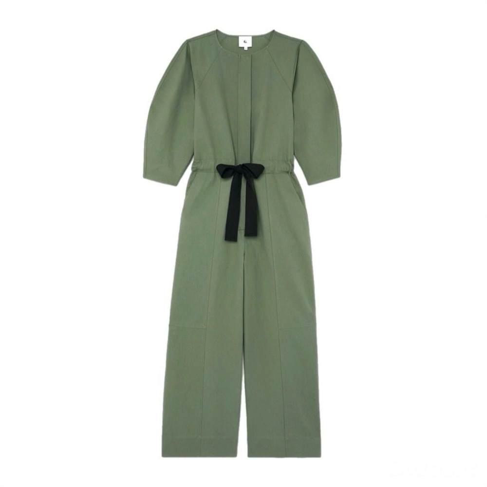 G. Label by Goop Joseph Round Sleeve Jumpsuit Cotton Linen Green Belt Wide Leg 6